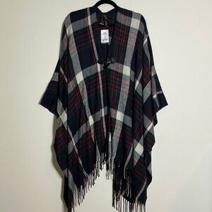 Plaid Poncho with Fringe